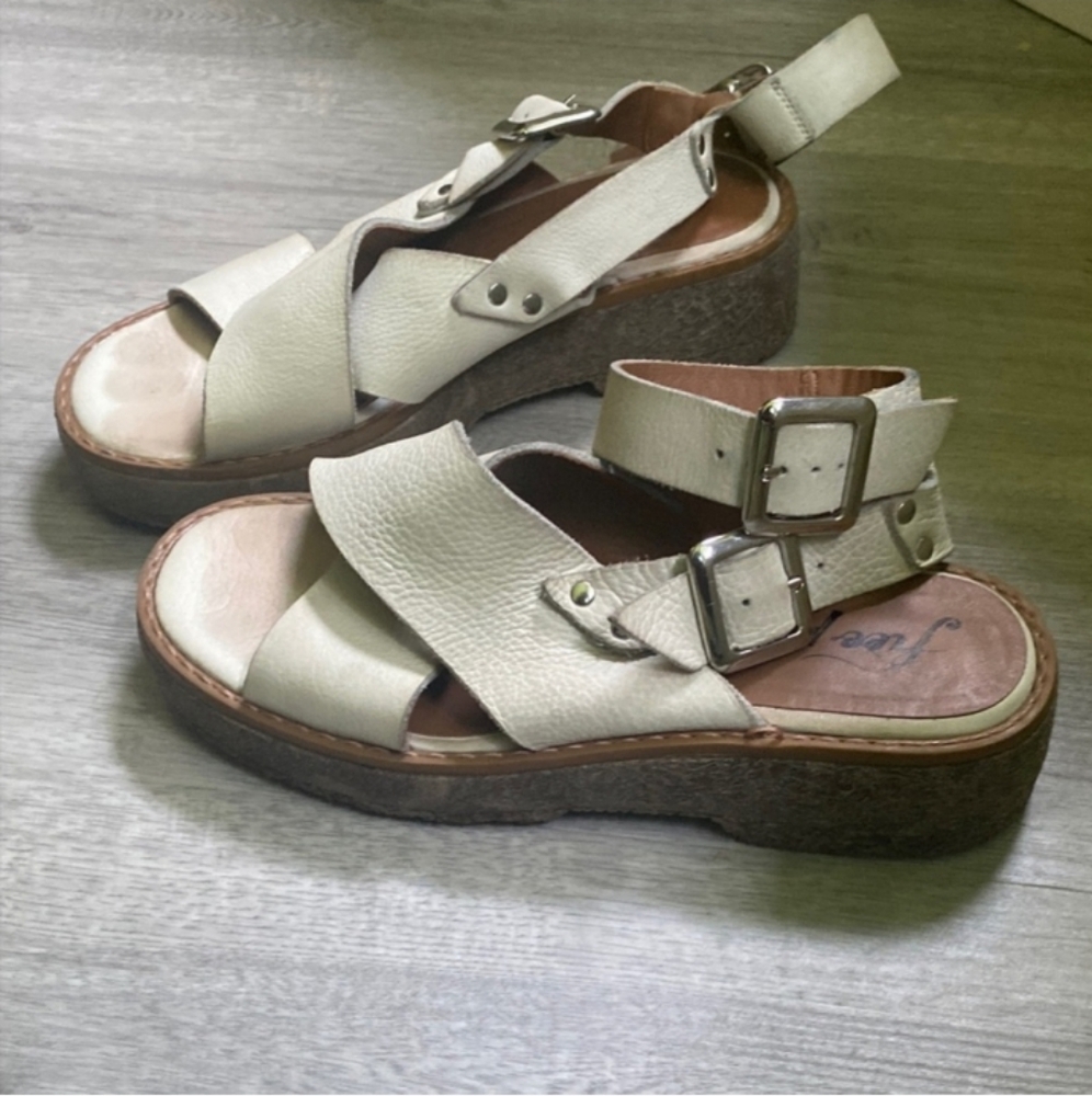 Free People Cream Leather Platform Sandals